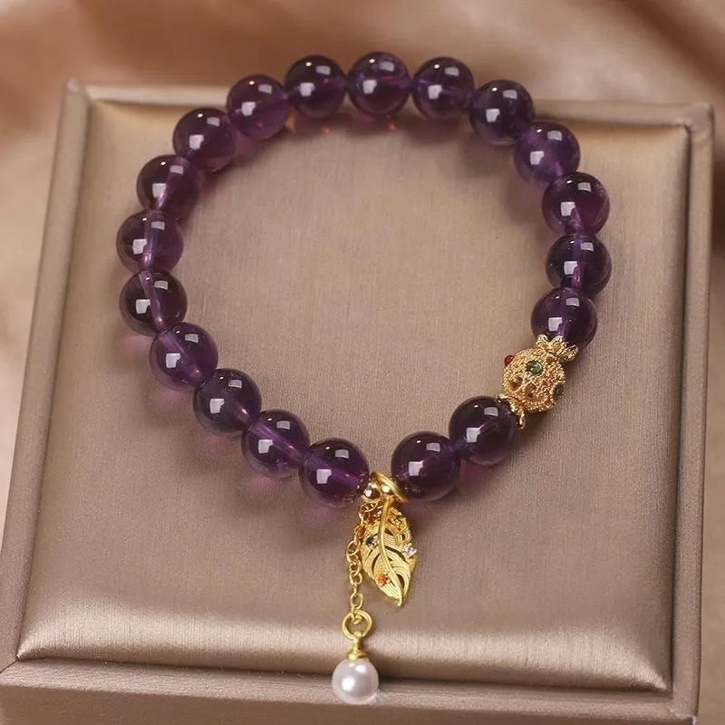 Bracelet Améthyste et Perle "Feuille d’Élégance"