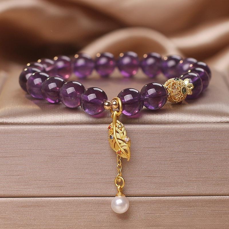 Bracelet Améthyste et Perle "Feuille d’Élégance"