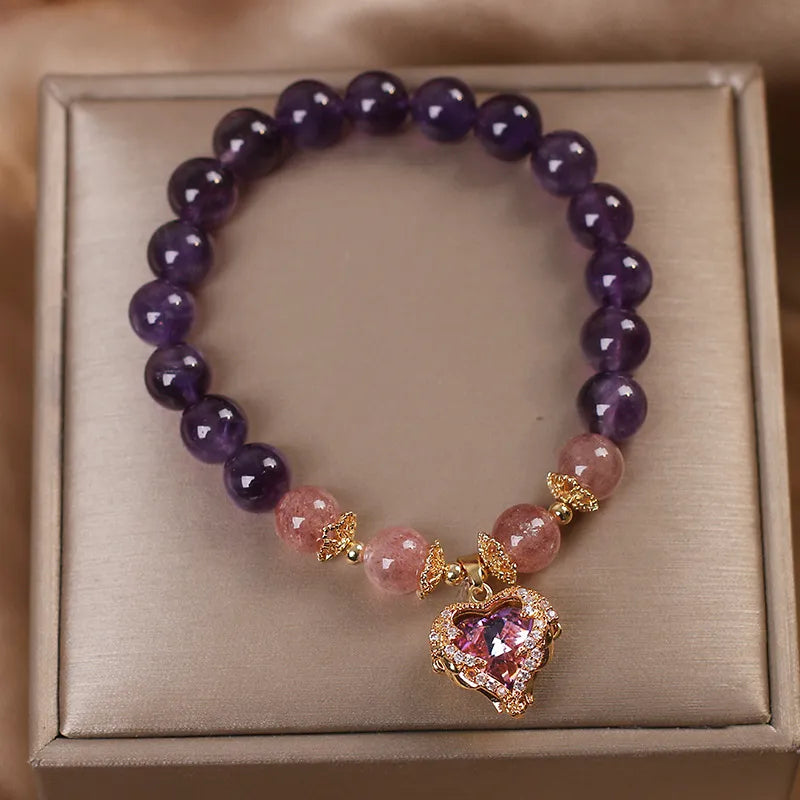 Bracelet Améthyste et Quartz Fraise "Cœur d'Or"