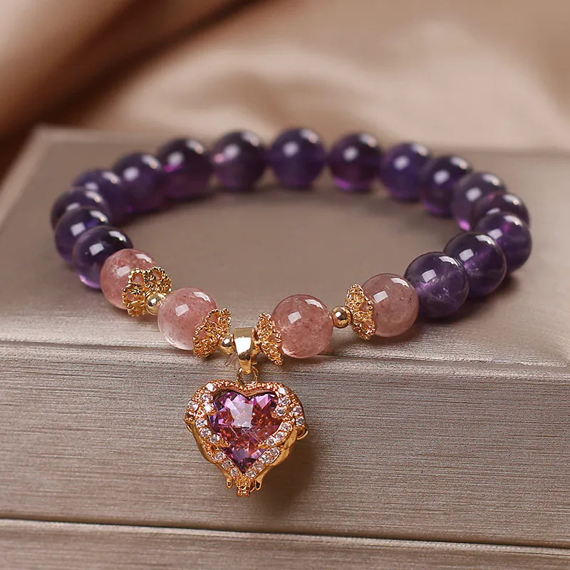 Bracelet Améthyste et Quartz Fraise "Cœur d'Or"