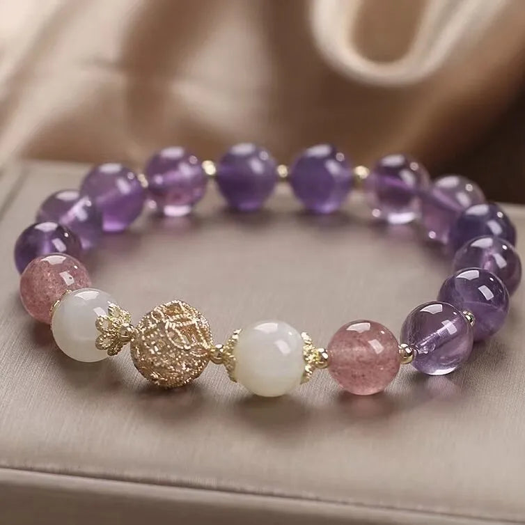 Bracelet Améthyste et Quartz Fraise "Rêve Serein" Argent Doré Or