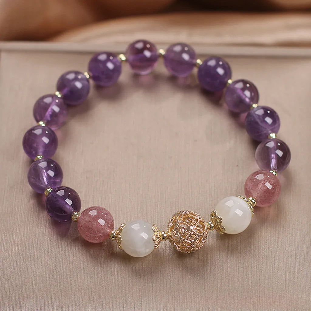 Bracelet Améthyste et Quartz Fraise "Rêve Serein" Argent Doré Or