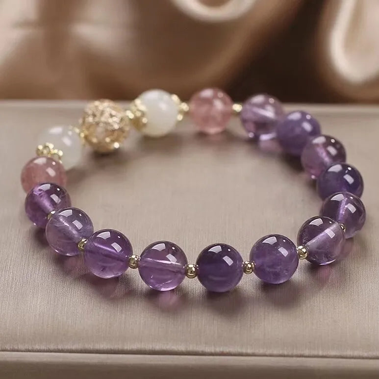 Bracelet Améthyste et Quartz Fraise "Rêve Serein" Argent Doré Or