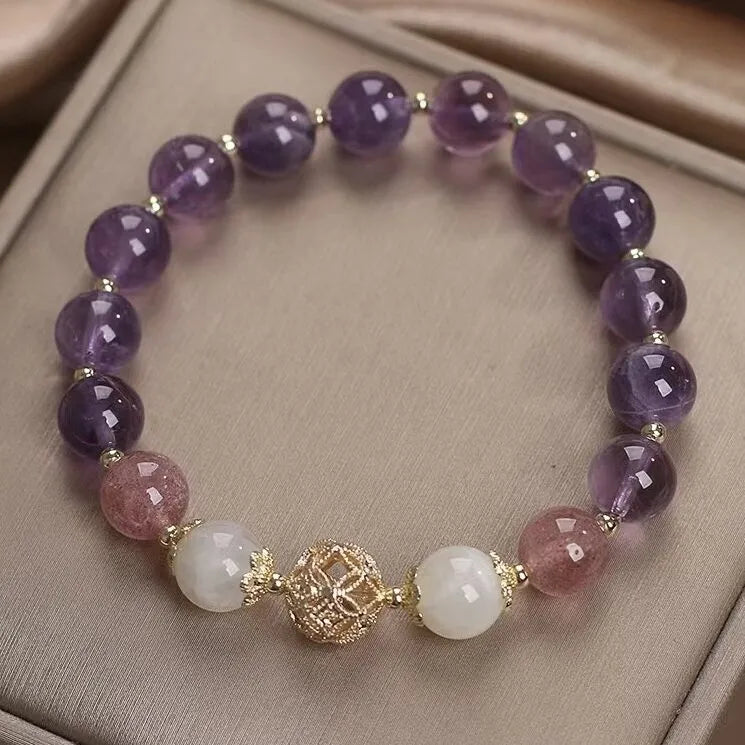Bracelet Améthyste et Quartz Fraise "Rêve Serein" Argent Doré Or