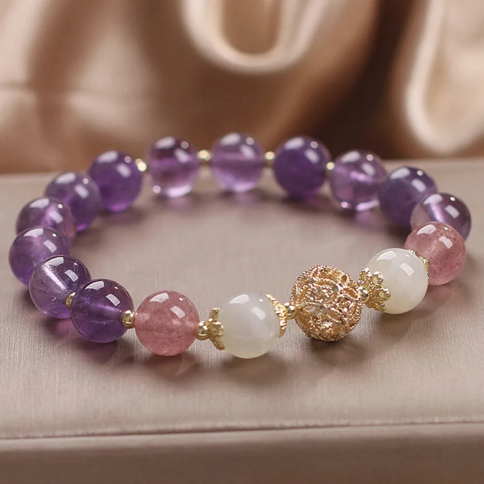 Bracelet Améthyste et Quartz Fraise "Rêve Serein" Argent Doré Or