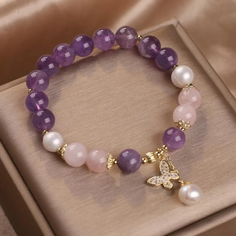 Bracelet Améthyste Quartz Rose et Perle "Papillon d'Amour"