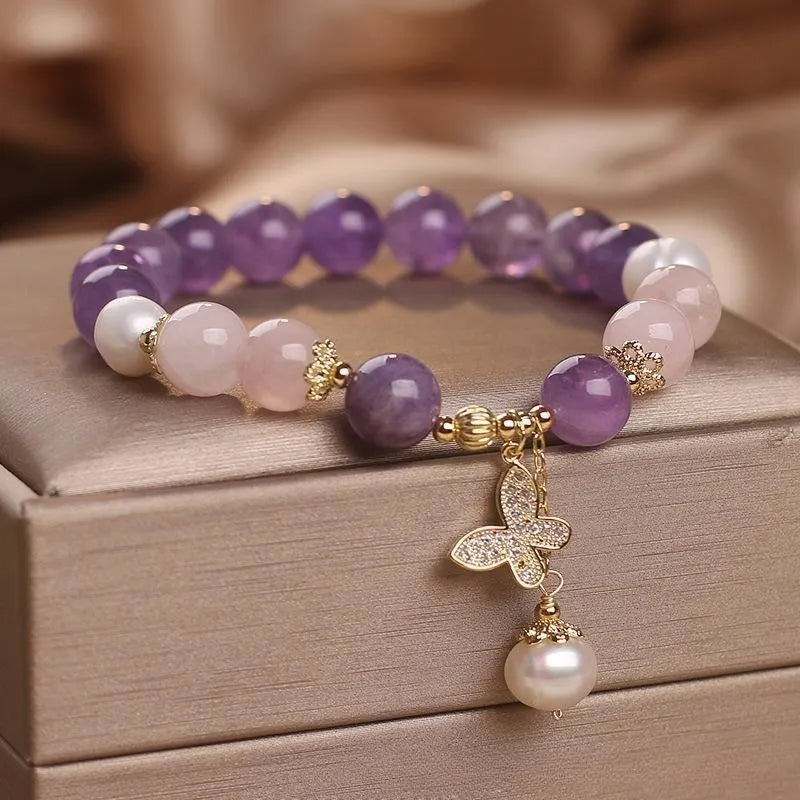 Bracelet Améthyste Quartz Rose et Perle "Papillon d'Amour"