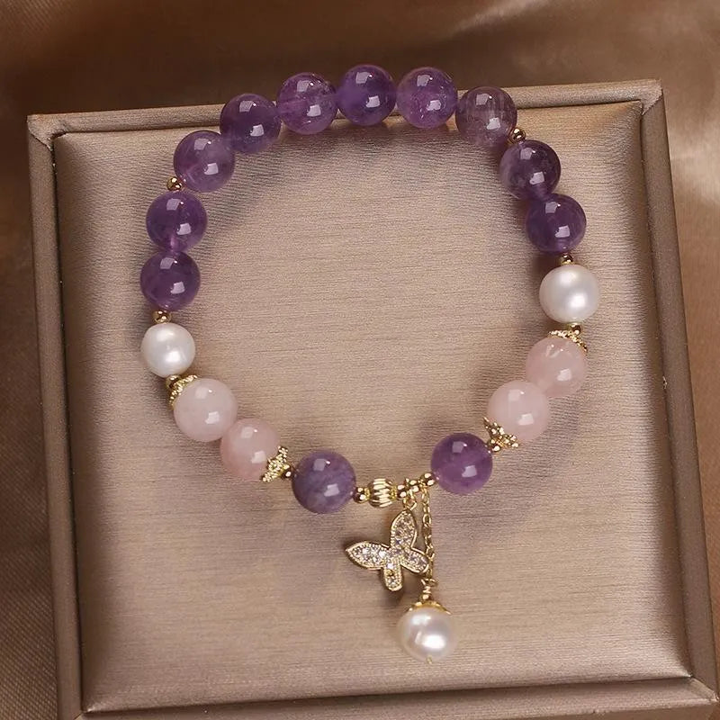 Bracelet Améthyste Quartz Rose et Perle "Papillon d'Amour"