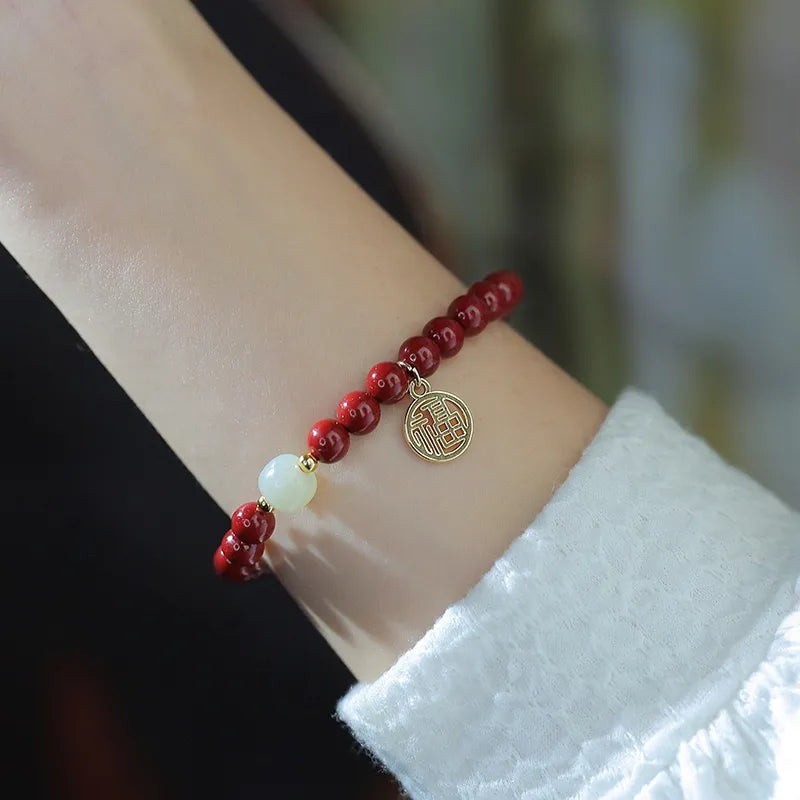 Bracelet Cinabre et Jade "Courage" Argent Doré Or
