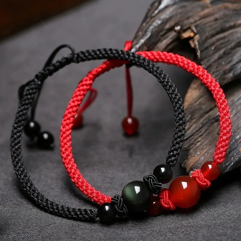 Pulsera de Pareja Hilo Rojo Ágata y Obsidiana "Hilo de Eternidad"
