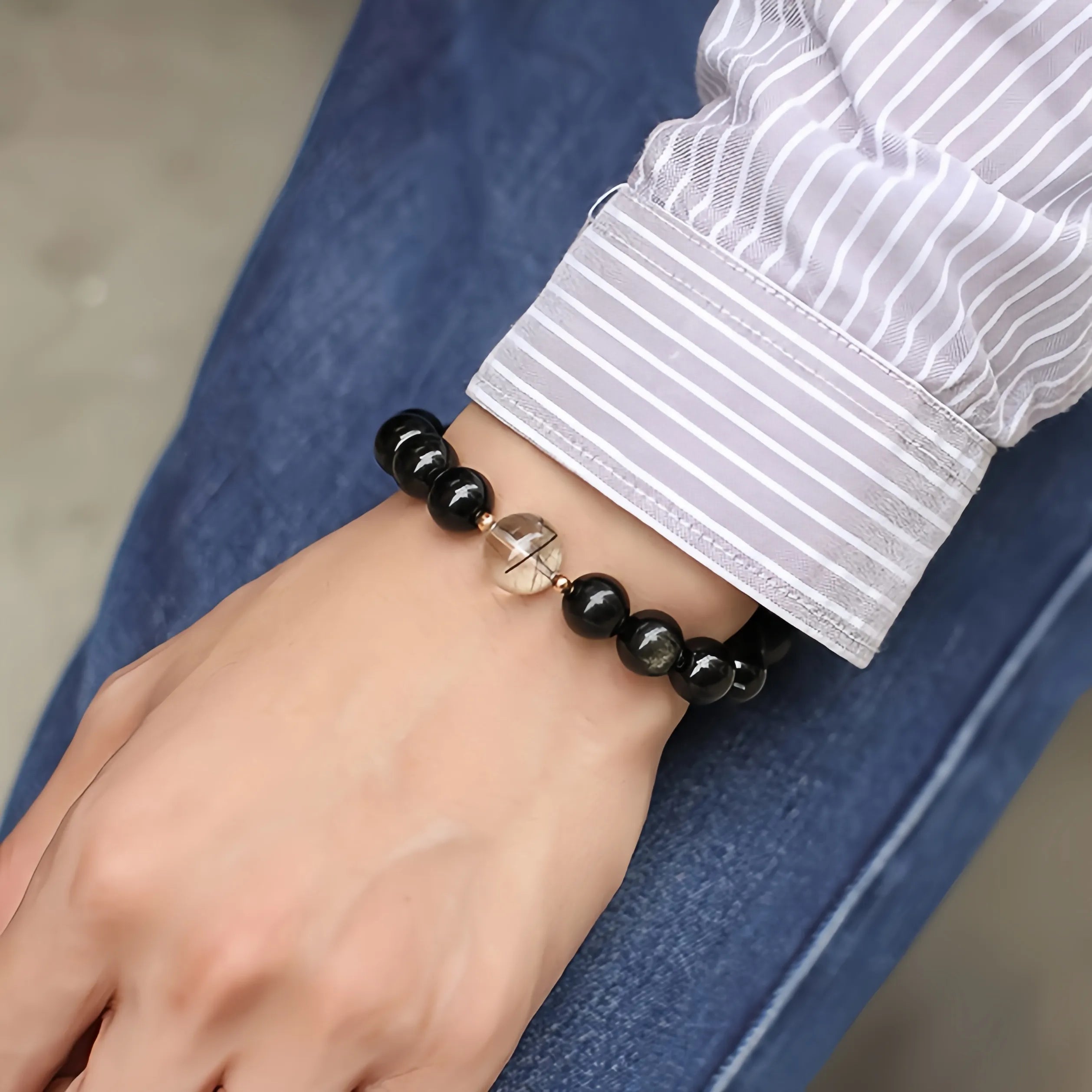 Bracelet Couple Obsidienne "Nuit Amoureuse" Argent Doré Or