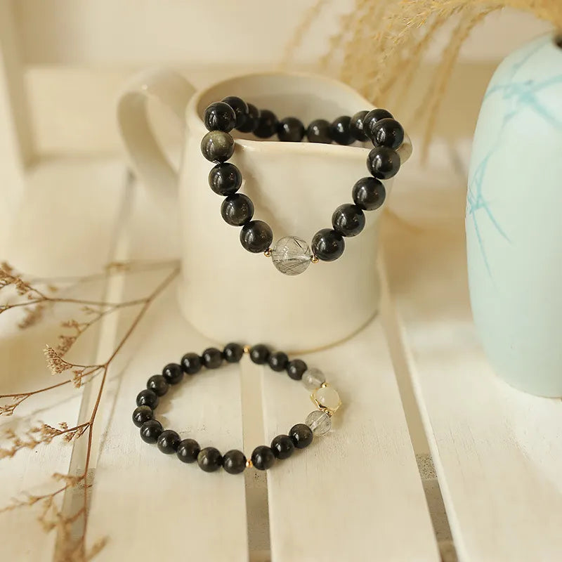 Bracelet Couple Obsidienne "Nuit Amoureuse" Argent Doré Or