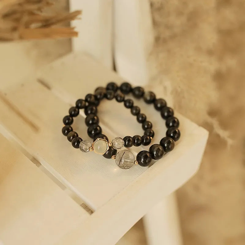 Bracelet Couple Obsidienne "Nuit Amoureuse" Argent Doré Or