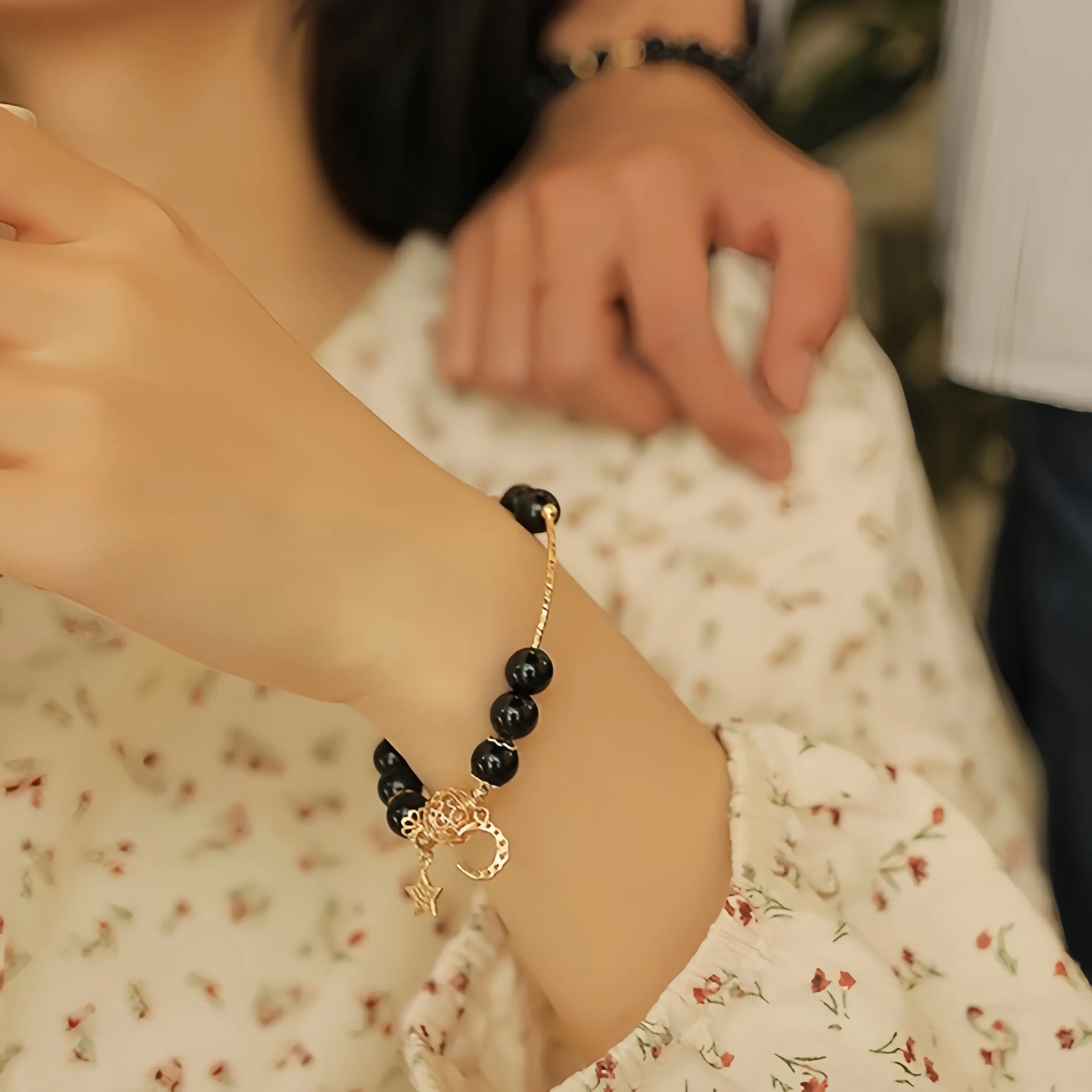 Bracelet Couple Obsidienne "Duo Cosmique" Argent Doré Or