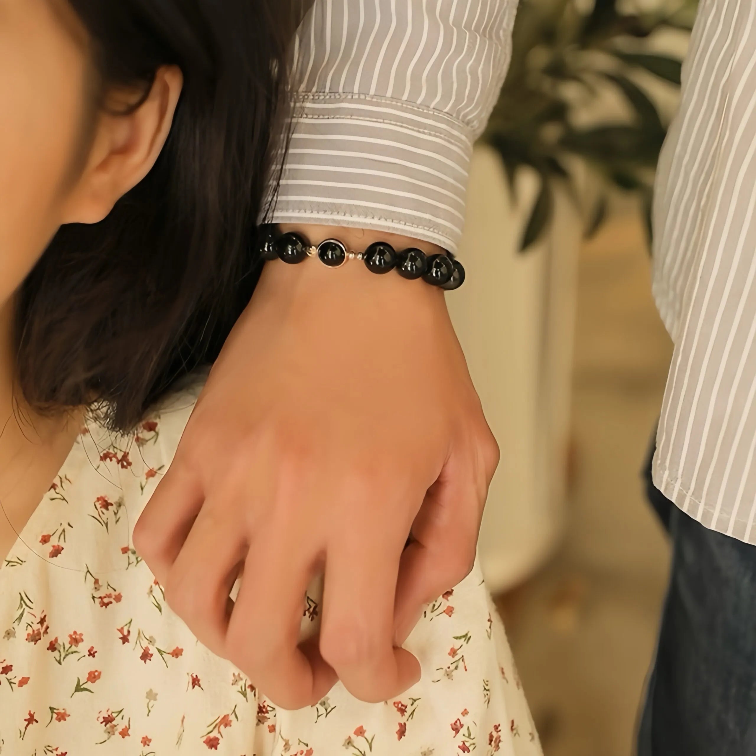 Bracelet Couple Obsidienne "Duo Cosmique" Argent Doré Or