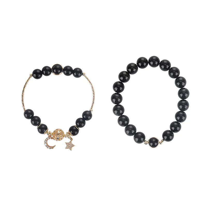 Bracelet Couple Obsidienne "Duo Cosmique" Argent Doré Or
