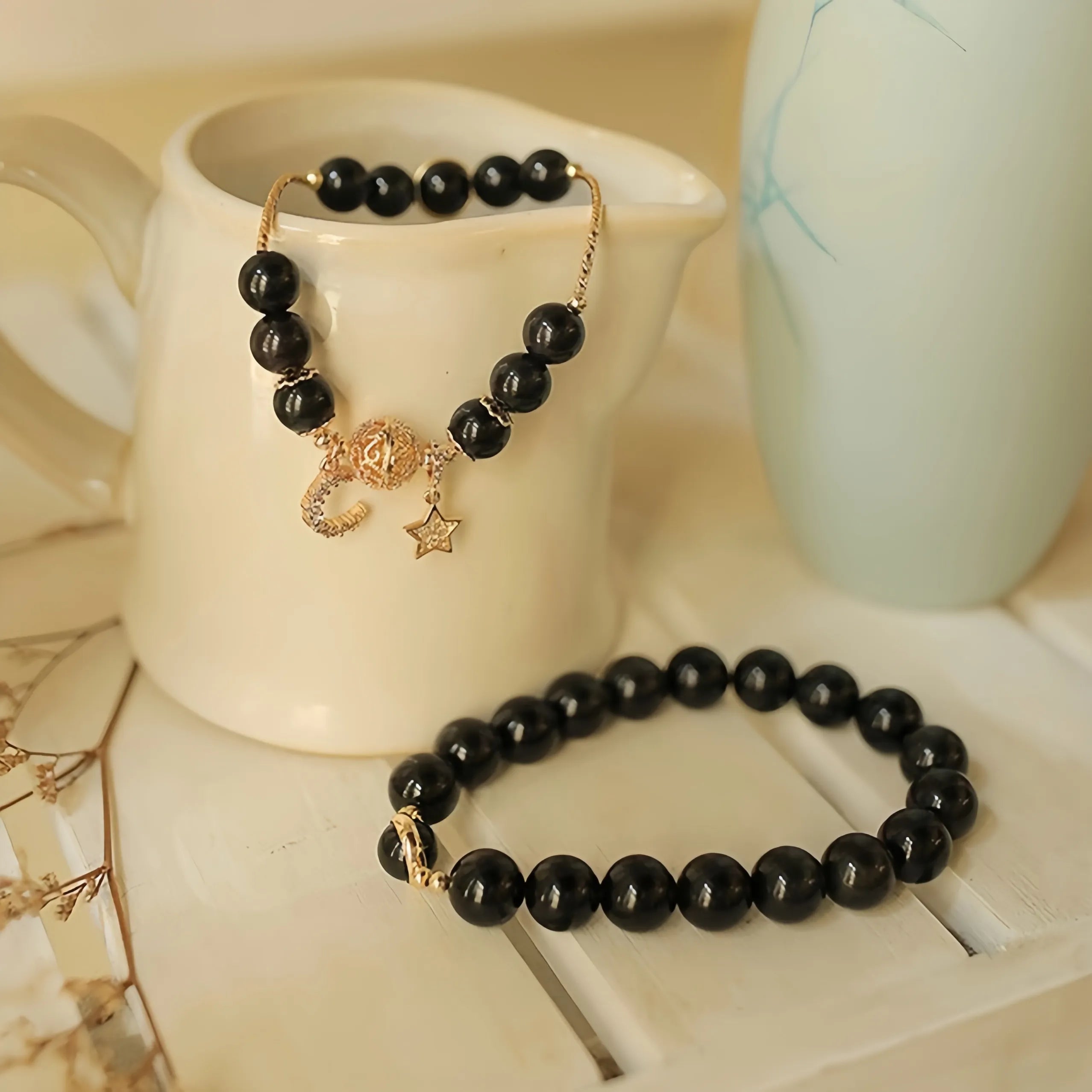 Bracelet Couple Obsidienne "Duo Cosmique" Argent Doré Or