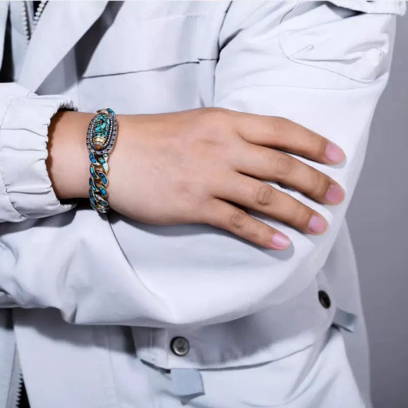 Bracelet Homme Rotatif Six Mantras Turquoise "Force Protectrice" Argent