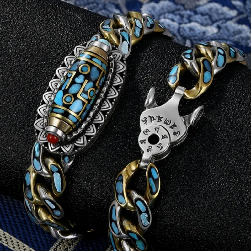 Bracelet Homme Rotatif Six Mantras Turquoise "Force Protectrice" Argent