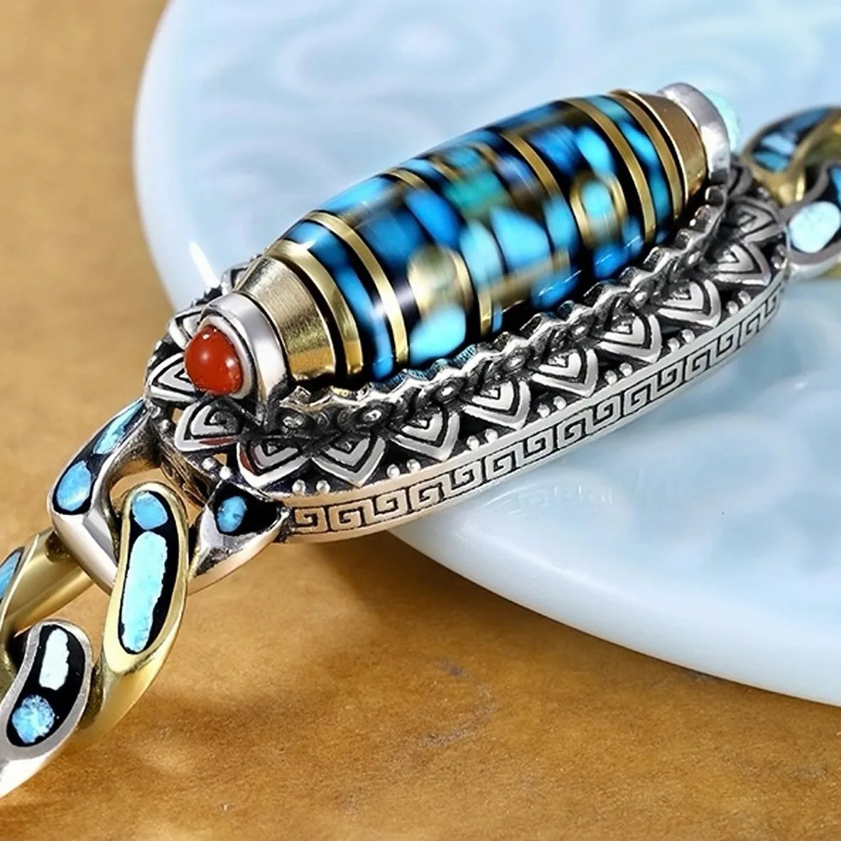 Bracelet Homme Rotatif Six Mantras Turquoise "Force Protectrice" Argent