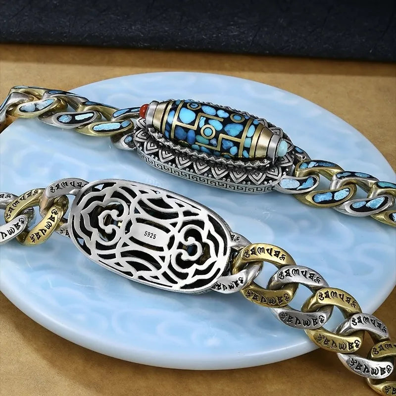 Bracelet Homme Rotatif Six Mantras Turquoise "Force Protectrice" Argent