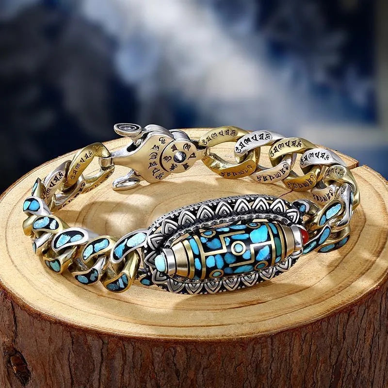 Bracelet Homme Rotatif Six Mantras Turquoise "Force Protectrice" Argent