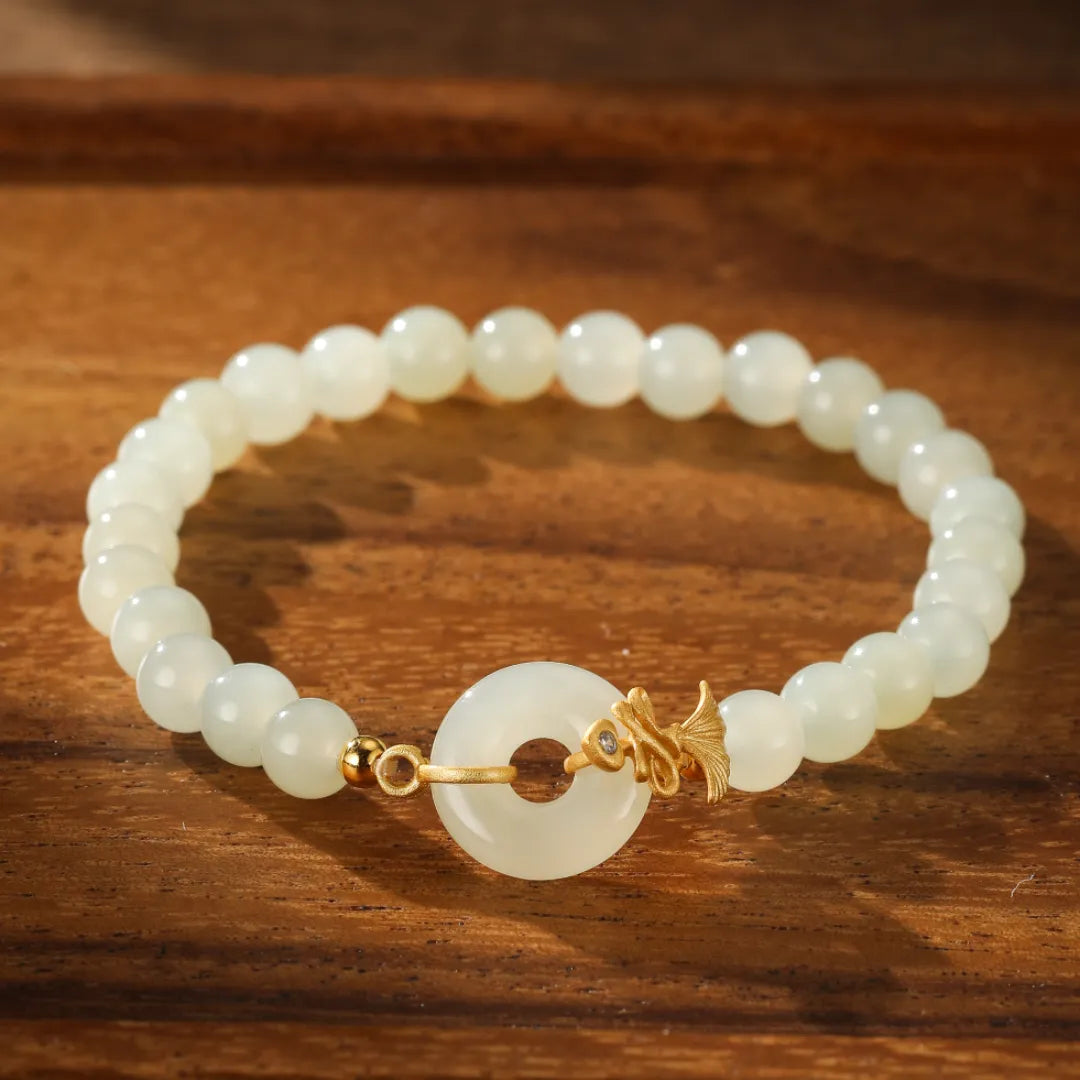 Bracelet Ginkgo Jade Blanc "Danse d'Éternité" Argent Doré Or