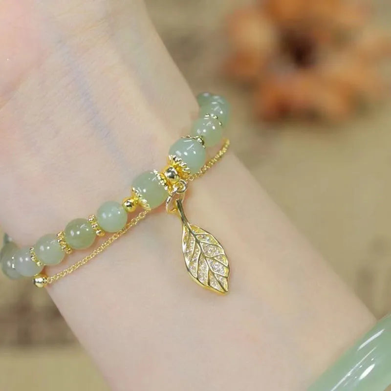 Bracelet Pierre de Jade – Feuillette d’Orée, Argent Plaqué Or