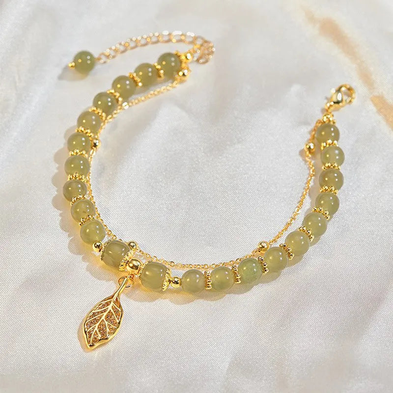 Bracelet Pierre de Jade – Feuillette d’Orée, Argent Plaqué Or