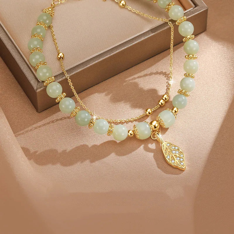 Bracelet Pierre de Jade – Feuillette d’Orée, Argent Plaqué Or