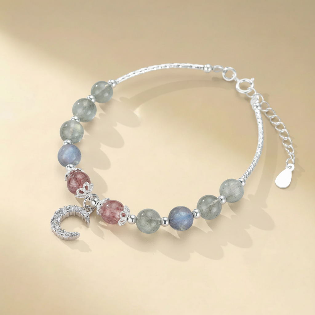 Bracciale Labradorite e Quarzo Fragola "Notte Rugiada" Argento