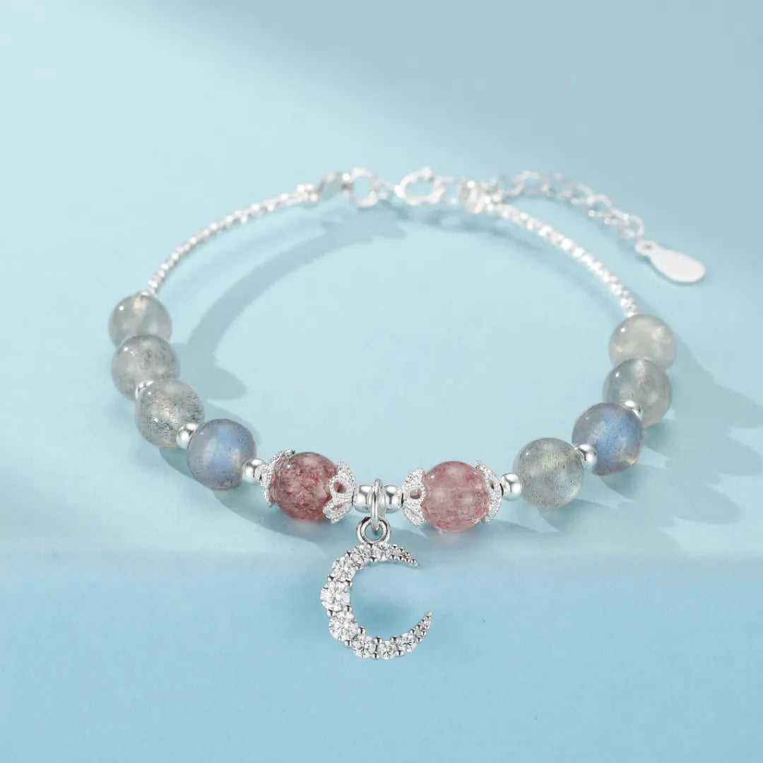 Pulsera de Labradorita y Cuarzo Fresa "Noche Rocío" Plata