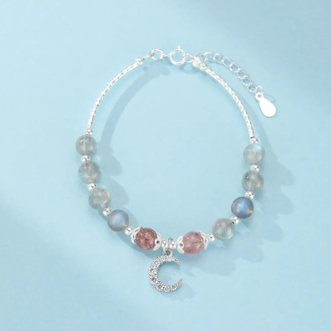 Pulsera de Labradorita y Cuarzo Fresa "Noche Rocío" Plata