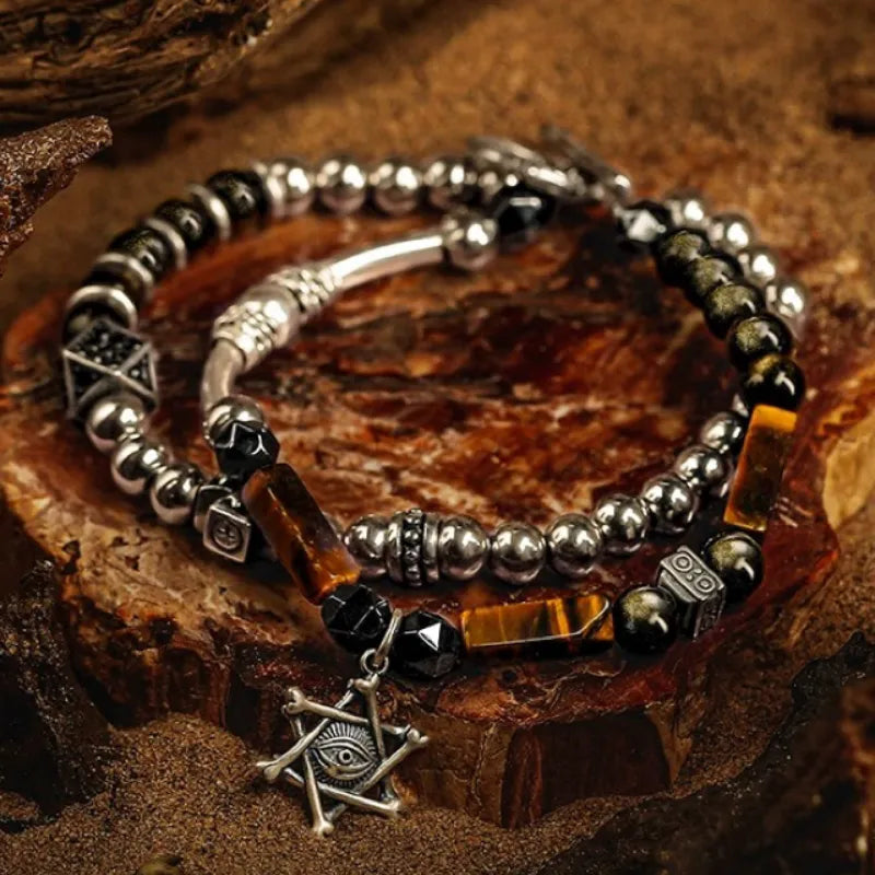 Pulsera Mal de Ojo Obsidiana y Ojo de Tigre "Coraje y Protección" Plata