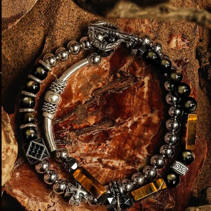Pulsera Mal de Ojo Obsidiana y Ojo de Tigre "Coraje y Protección" Plata