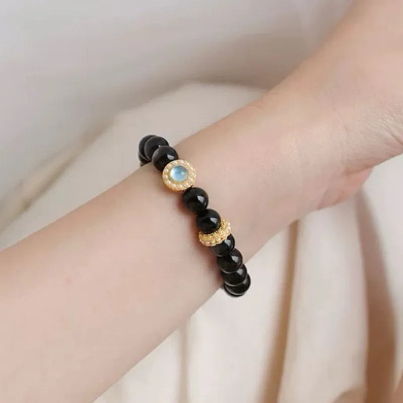 Bracelet Obsidienne et Aigue Marine "Nuit Marine" Doré Or