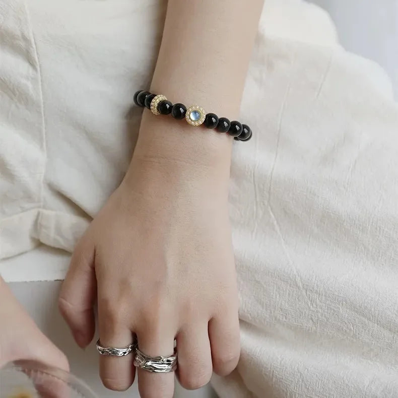 Bracelet Obsidienne et Aigue Marine "Nuit Marine" Doré Or