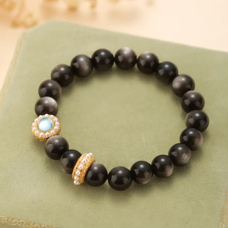 Bracelet Obsidienne et Aigue Marine "Nuit Marine" Doré Or