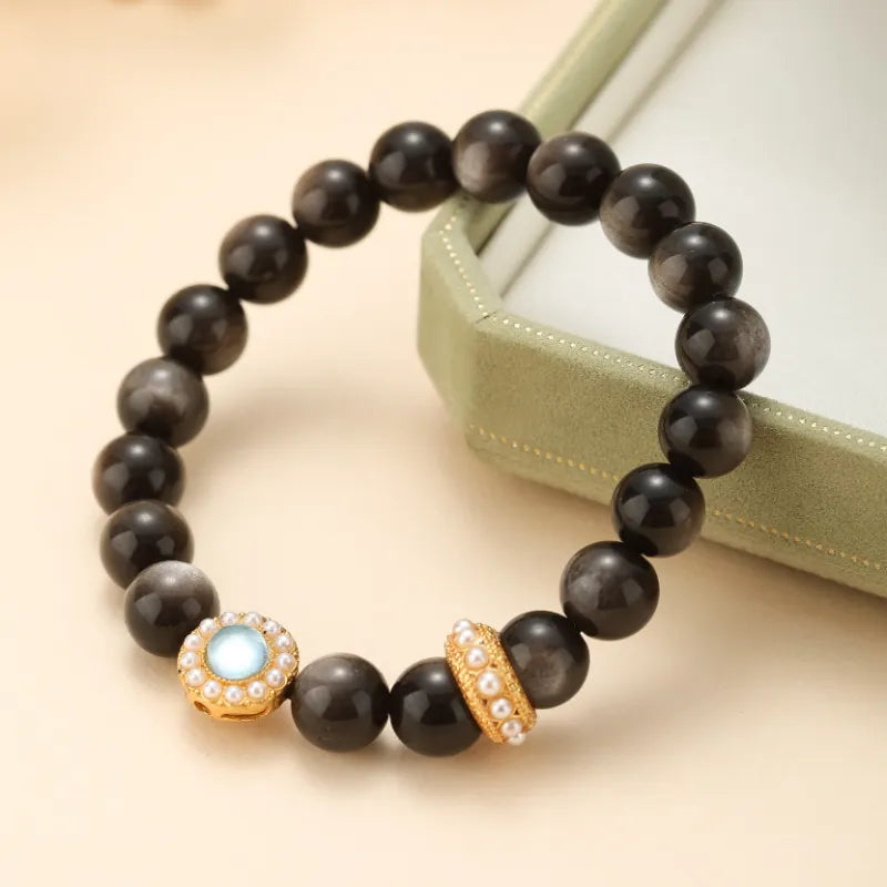 Bracelet Obsidienne et Aigue Marine "Nuit Marine" Doré Or
