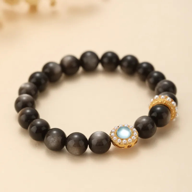 Bracelet Obsidienne et Aigue Marine "Nuit Marine" Doré Or