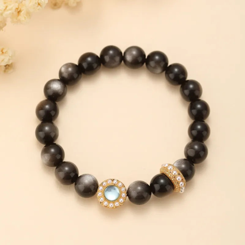 Bracelet Obsidienne et Aigue Marine "Nuit Marine" Doré Or