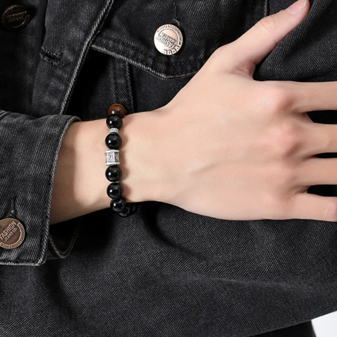 Bracelet Obsidienne et Œil de Tigre "Sombre Harmonie" Argent