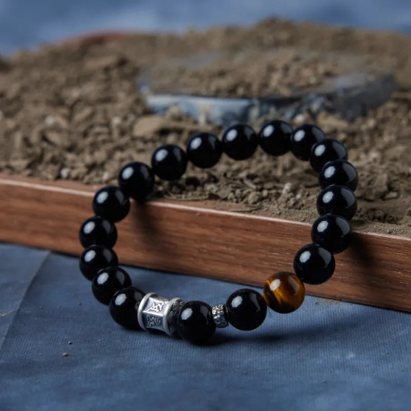 Bracelet Obsidienne et Œil de Tigre "Sombre Harmonie" Argent