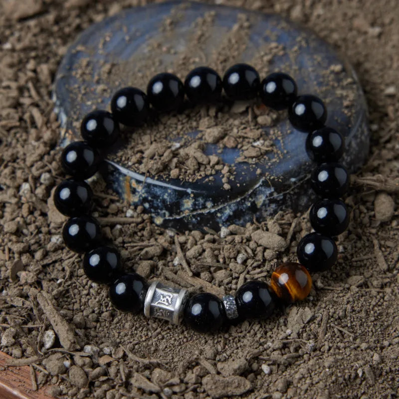 Bracelet Obsidienne et Œil de Tigre "Sombre Harmonie" Argent