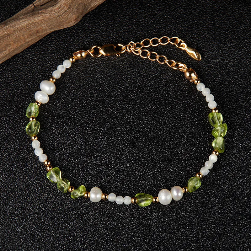 Bracelet Péridot, Perle et Nacre "Élégance Solaire" Argent Doré Or