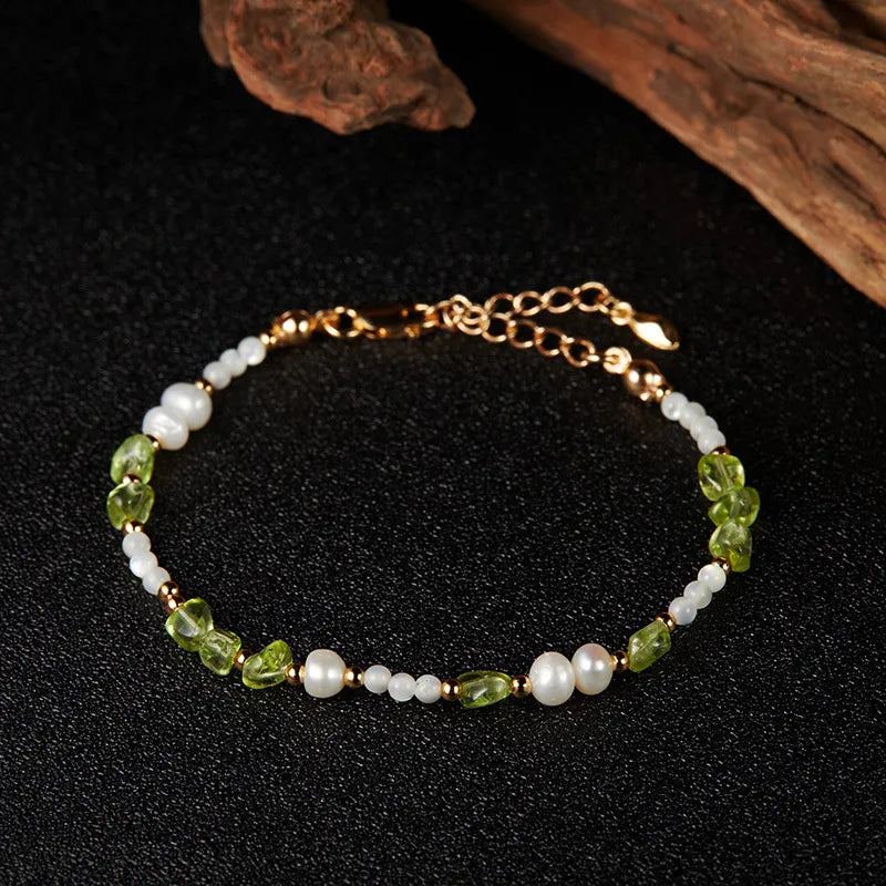 Bracelet Péridot, Perle et Nacre "Élégance Solaire" Argent Doré Or