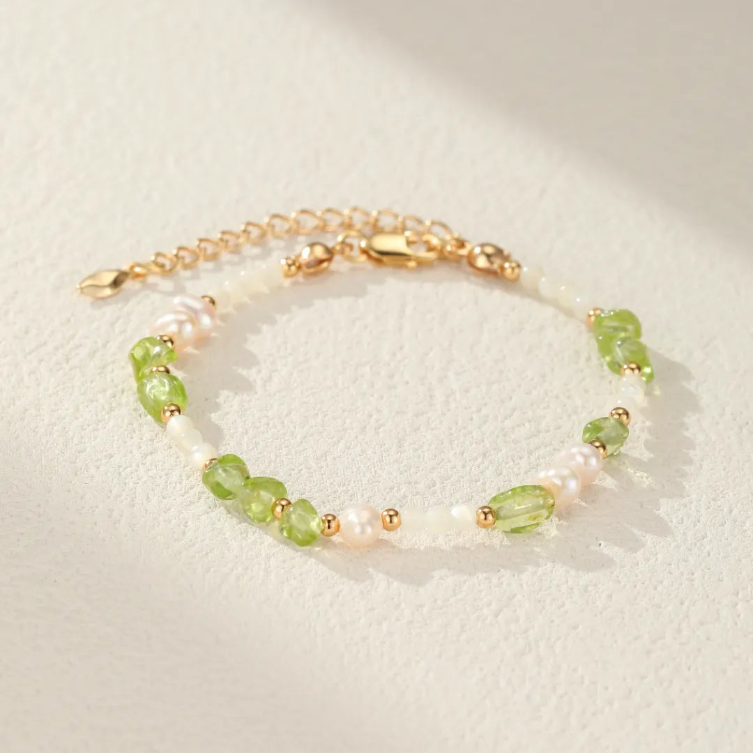 Bracelet Péridot, Perle et Nacre "Élégance Solaire" Argent Doré Or