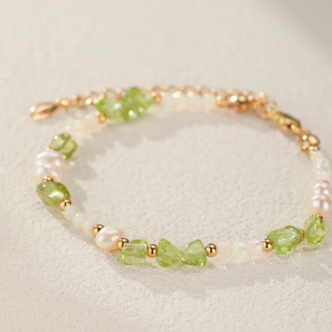 Bracelet Péridot, Perle et Nacre "Élégance Solaire" Argent Doré Or