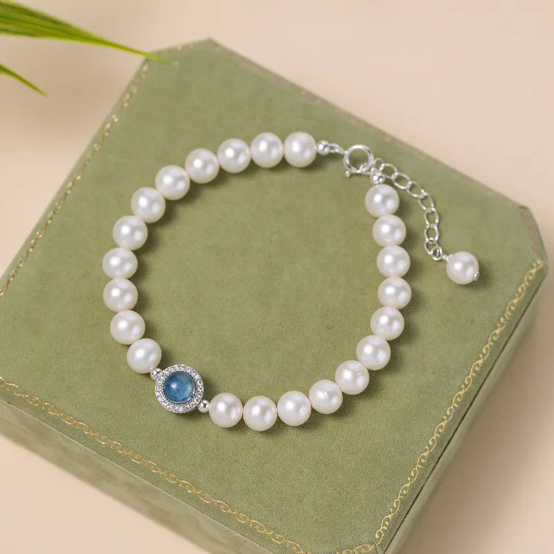 Bracelet Perle Aigue Marine "Élégance Océanique" Argent