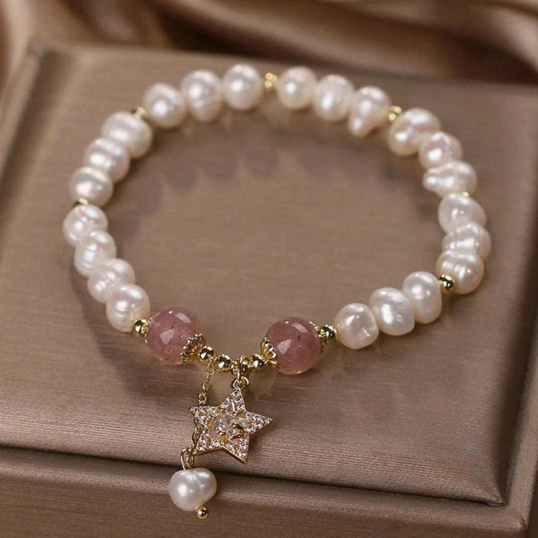 Bracelet Perles et Quartz Fraise "Charme Étoile"